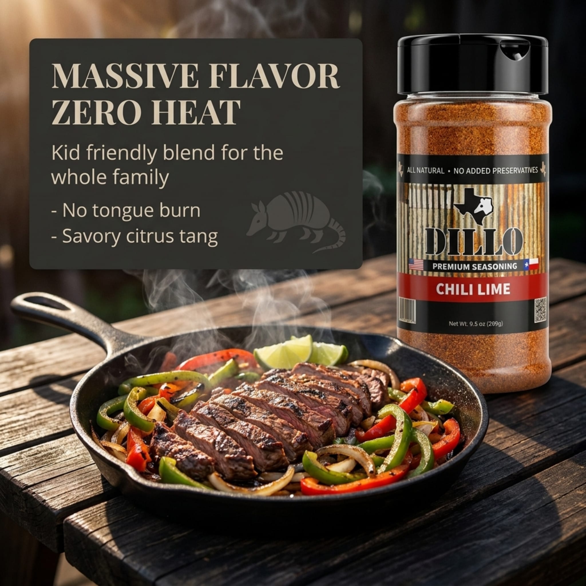 A cast-iron skillet filled with sizzling, freshly cooked sliced steak, bell peppers, and onions, sitting next to a bottle of Dillo Chili Lime seasoning. Text on the image reads, "Massive flavor zero heat. Kid friendly blend for the whole family," and highlights the benefits: "- No tongue burn - Savory citrus tang."