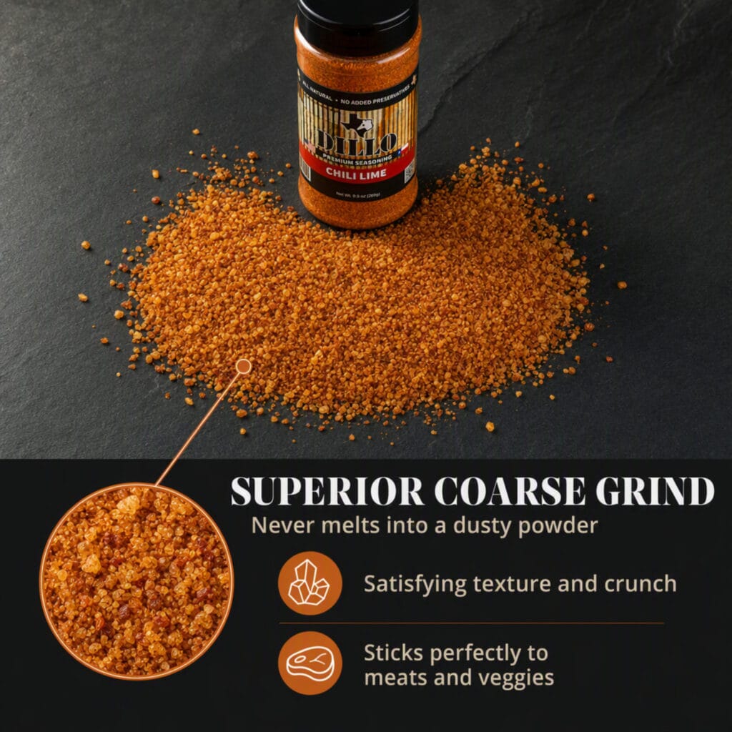 A close-up view of Dillo Chili Lime seasoning poured into a small mound on a dark slate surface, with a magnified circular callout emphasizing the granular texture. Text highlights the "Superior Coarse Grind," stating it "Never melts into a dusty powder," offers a "Satisfying texture and crunch," and "Sticks perfectly to meats and veggies."