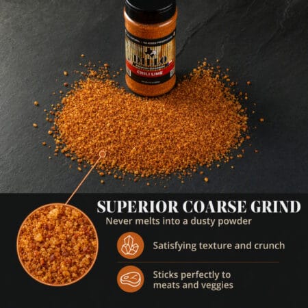 A close-up view of Dillo Chili Lime seasoning poured into a small mound on a dark slate surface, with a magnified circular callout emphasizing the granular texture. Text highlights the "Superior Coarse Grind," stating it "Never melts into a dusty powder," offers a "Satisfying texture and crunch," and "Sticks perfectly to meats and veggies."