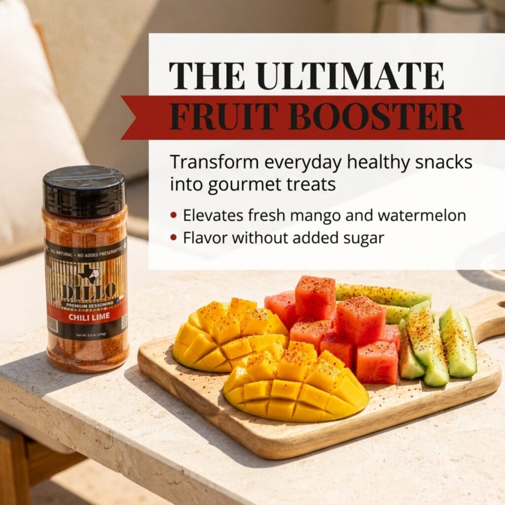 Sliced fresh mango, cubed watermelon, and cucumber spears arranged on a wooden cutting board, all generously sprinkled with Dillo Chili Lime seasoning. Text describes the product as "The Ultimate Fruit Booster" that can "Transform everyday healthy snacks into gourmet treats," noting that it "Elevates fresh mango and watermelon" with "Flavor without added sugar."