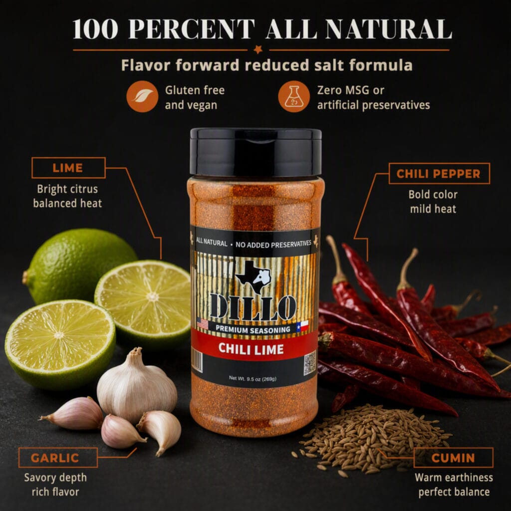 An infographic showing the Dillo Chili Lime seasoning bottle surrounded by its raw ingredients on a dark background. The top text reads, "100 percent all natural. Flavor forward reduced salt formula. Gluten free and vegan. Zero MSG or artificial preservatives." Four callouts point to specific ingredients: Limes ("Bright citrus balanced heat"), Garlic ("Savory depth rich flavor"), Chili Peppers ("Bold color mild heat"), and Cumin seeds ("Warm earthiness perfect balance").