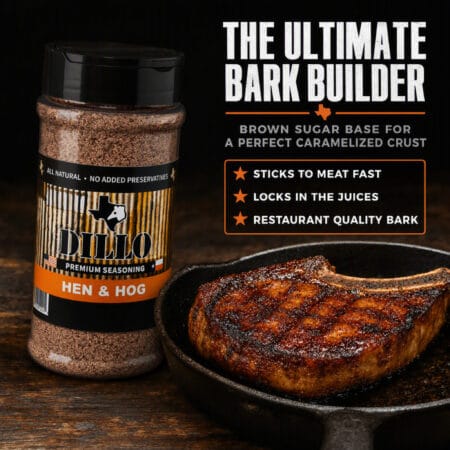A thick, cooked chop with a dark, glossy caramelized crust sitting in a cast-iron skillet next to a bottle of Dillo Hen & Hog seasoning. The text reads, "The Ultimate Bark Builder. Brown sugar base for a perfect caramelized crust," alongside star bullet points listing: "Sticks to meat fast," "Locks in the juices," and "Restaurant quality bark."