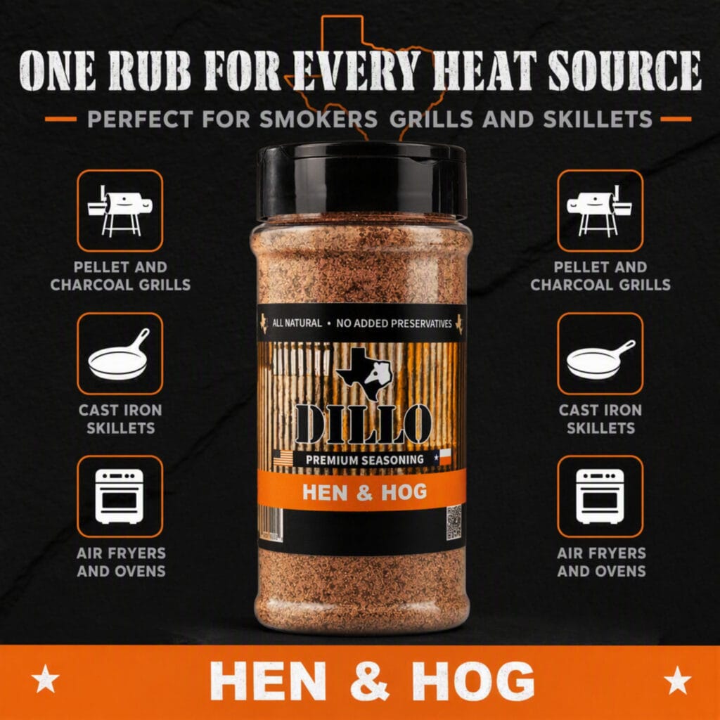 An infographic featuring a bottle of Dillo Hen & Hog seasoning in the center against a dark, textured background. The title reads, "One Rub For Every Heat Source - Perfect for smokers grills and skillets." It is surrounded by icons representing "Pellet and Charcoal Grills," "Cast Iron Skillets," and "Air Fryers and Ovens."