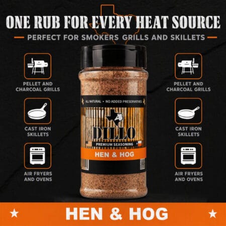 An infographic featuring a bottle of Dillo Hen & Hog seasoning in the center against a dark, textured background. The title reads, "One Rub For Every Heat Source - Perfect for smokers grills and skillets." It is surrounded by icons representing "Pellet and Charcoal Grills," "Cast Iron Skillets," and "Air Fryers and Ovens."