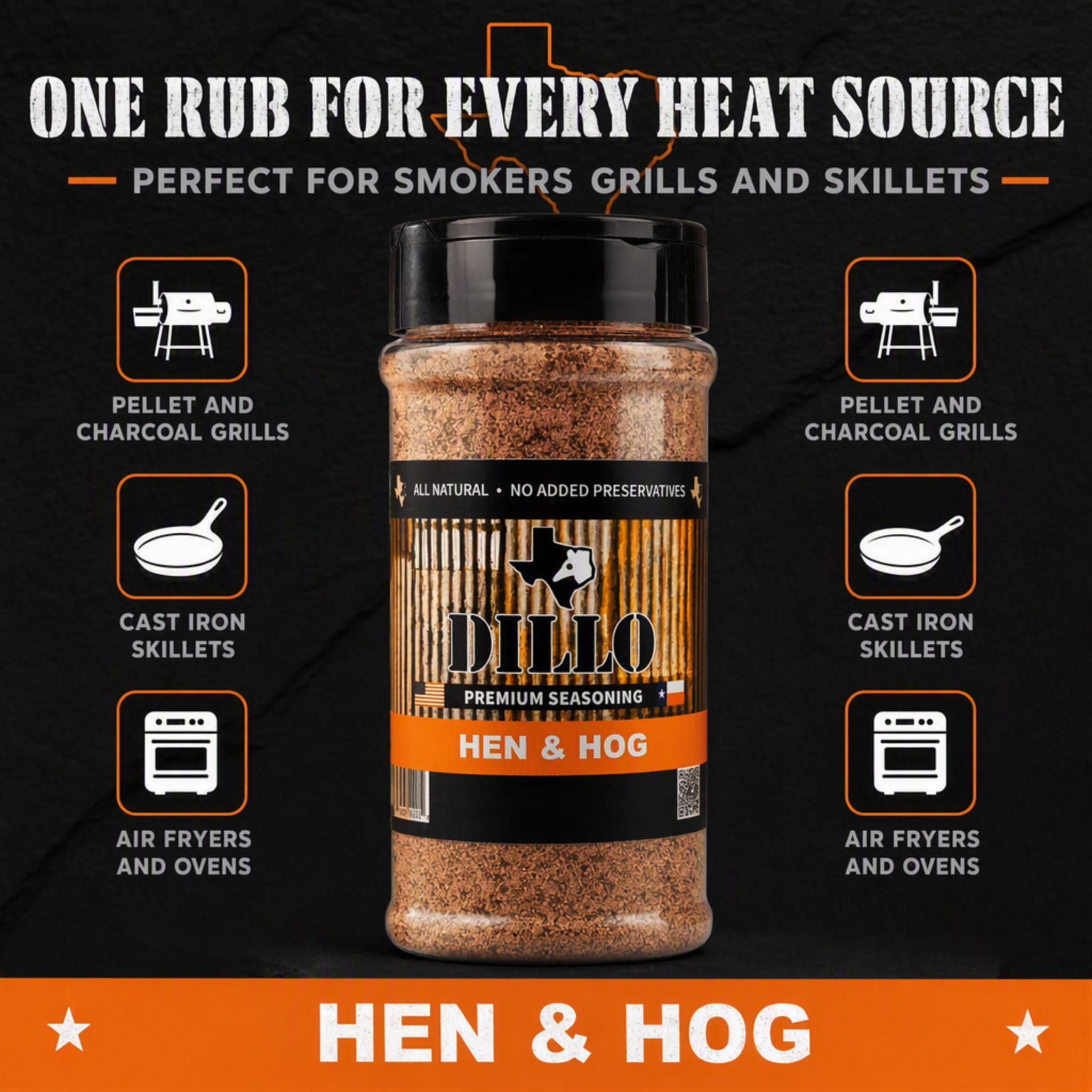 An infographic featuring a bottle of Dillo Hen & Hog seasoning in the center against a dark, textured background. The title reads, "One Rub For Every Heat Source - Perfect for smokers grills and skillets." It is surrounded by icons representing "Pellet and Charcoal Grills," "Cast Iron Skillets," and "Air Fryers and Ovens."