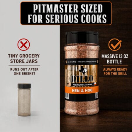 A split-screen comparison image. The left side shows a tiny, generic spice jar under a red 'X' icon with text stating, "Tiny grocery store jars. Runs out after one brisket." The right side shows a large bottle of Dillo Hen & Hog seasoning under an orange checkmark, with text reading, "Pitmaster sized for serious cooks. Massive 13 oz bottle. Always ready for the grill."