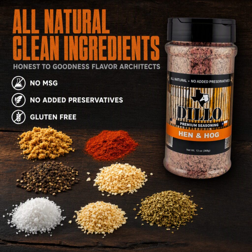 An infographic titled "All Natural Clean Ingredients. Honest to goodness flavor architects," displaying a bottle of Dillo Hen & Hog seasoning next to small piles of its raw spices on a dark wood surface. Text on the left highlights that the product has "No MSG," "No Added Preservatives," and is "Gluten Free."