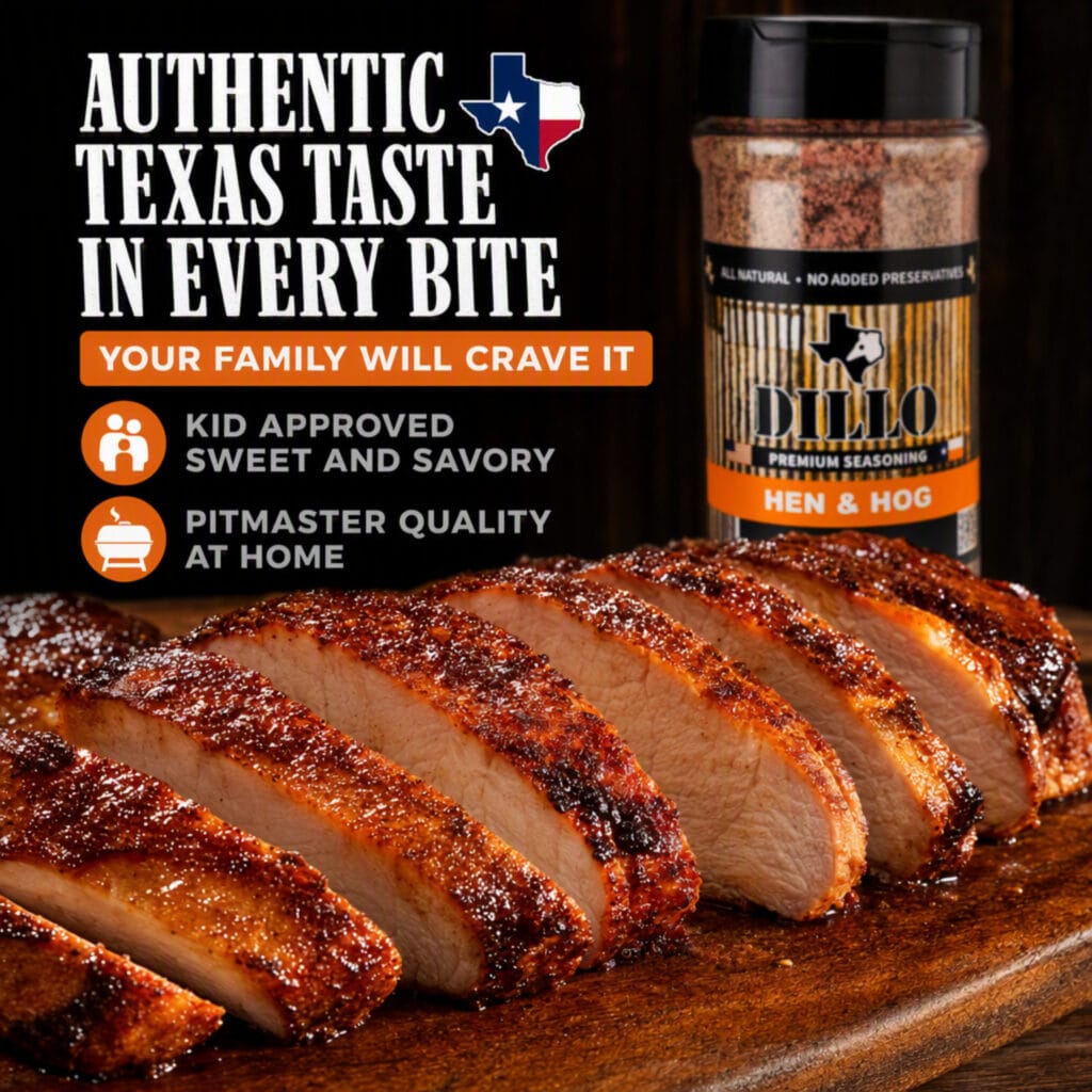 A sliced, cooked pork loin with a dark red, caramelized crust resting on a wooden cutting board next to a bottle of Dillo Hen & Hog seasoning. The text at the top reads, "Authentic Texas Taste In Every Bite. Your family will crave it," accompanied by icons stating, "Kid Approved Sweet and Savory" and "Pitmaster Quality At Home."