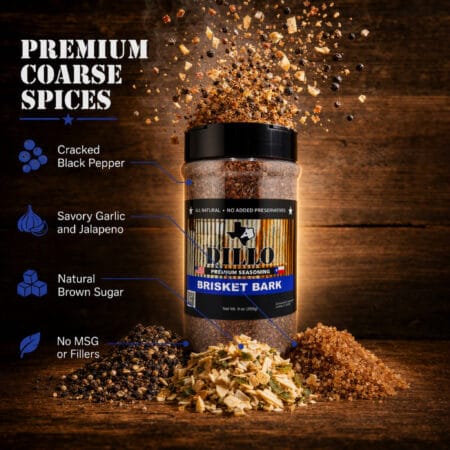 An infographic displaying Dillo Brisket Bark seasoning bursting from its open bottle, highlighting the "Premium Coarse Spices." Callouts point to piles of corresponding ingredients at the base: Cracked Black Pepper, Savory Garlic and Jalapeno, and Natural Brown Sugar, along with a leaf icon noting "No MSG or Fillers."