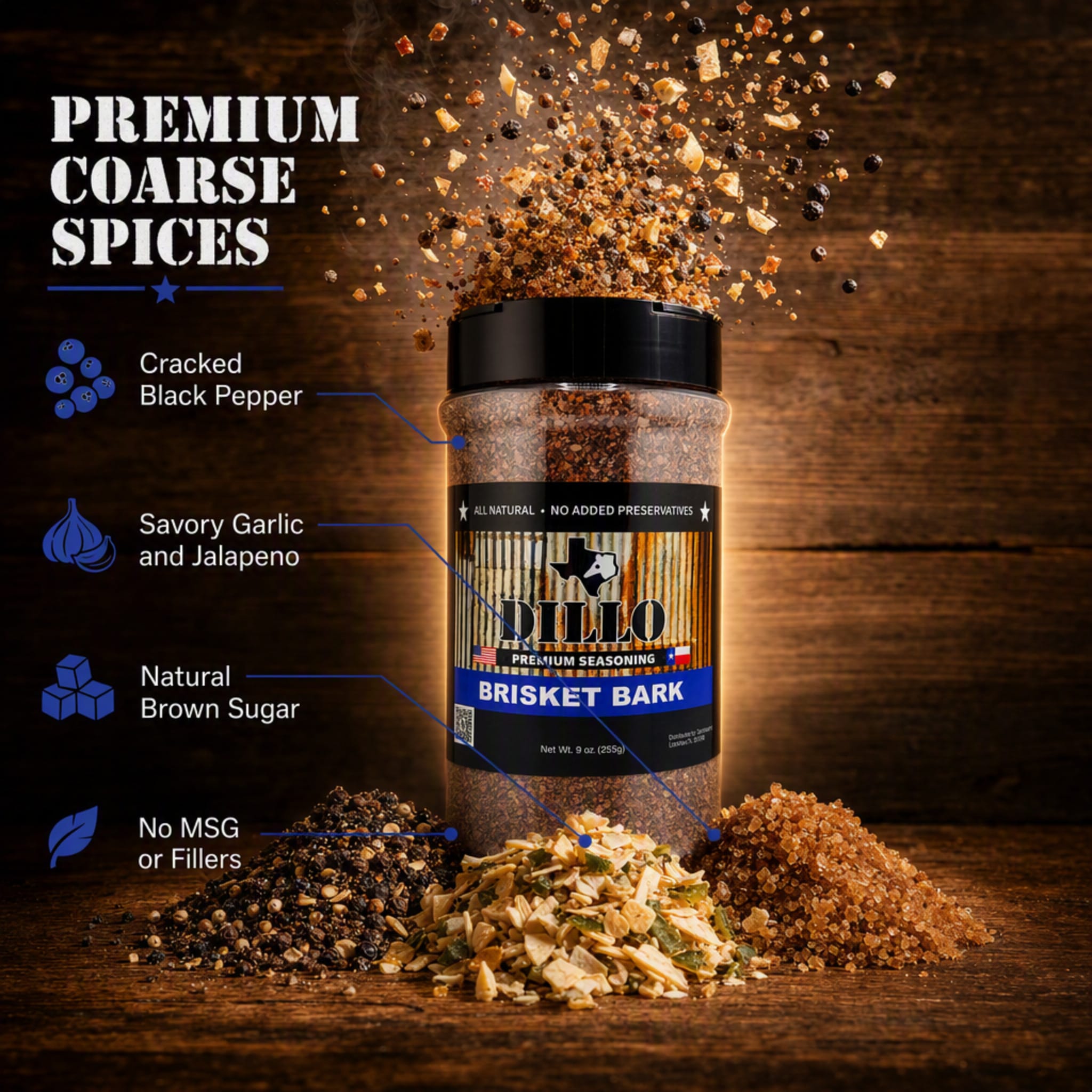 An infographic displaying Dillo Brisket Bark seasoning bursting from its open bottle, highlighting the "Premium Coarse Spices." Callouts point to piles of corresponding ingredients at the base: Cracked Black Pepper, Savory Garlic and Jalapeno, and Natural Brown Sugar, along with a leaf icon noting "No MSG or Fillers."