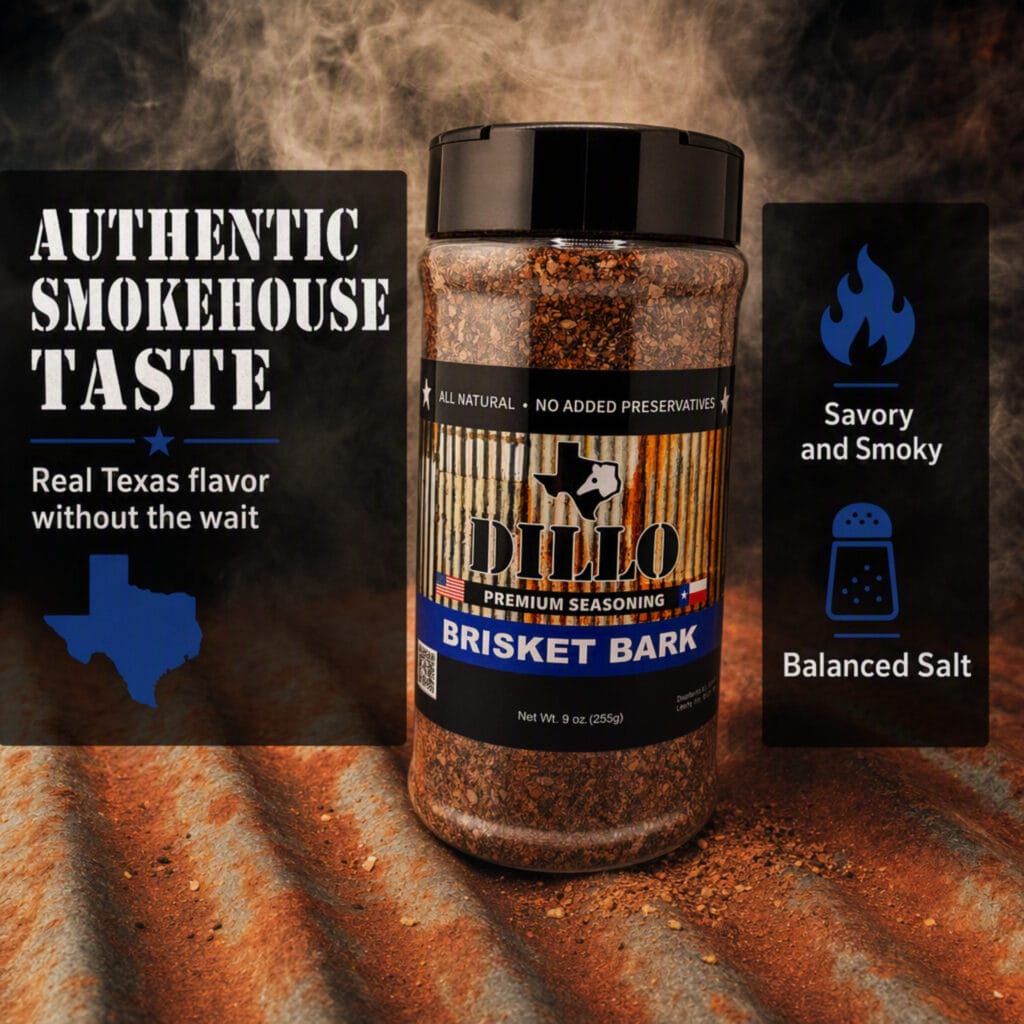A bottle of Dillo Brisket Bark seasoning set against a smoky, rusty corrugated metal background. Graphic text panels surround the bottle highlighting "Authentic Smokehouse Taste. Real Texas flavor without the wait," alongside icons denoting "Savory and Smoky" and "Balanced Salt."