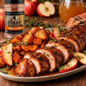 A bottle of Dillo Premium Seasoning Hen & Hog placed on a rustic wooden table next to a large platter of sliced, glazed roasted meat accompanied by roasted potatoes and apples. The dish is garnished with fresh thyme sprigs, and the background features fresh red apples and a glass pitcher of cider.