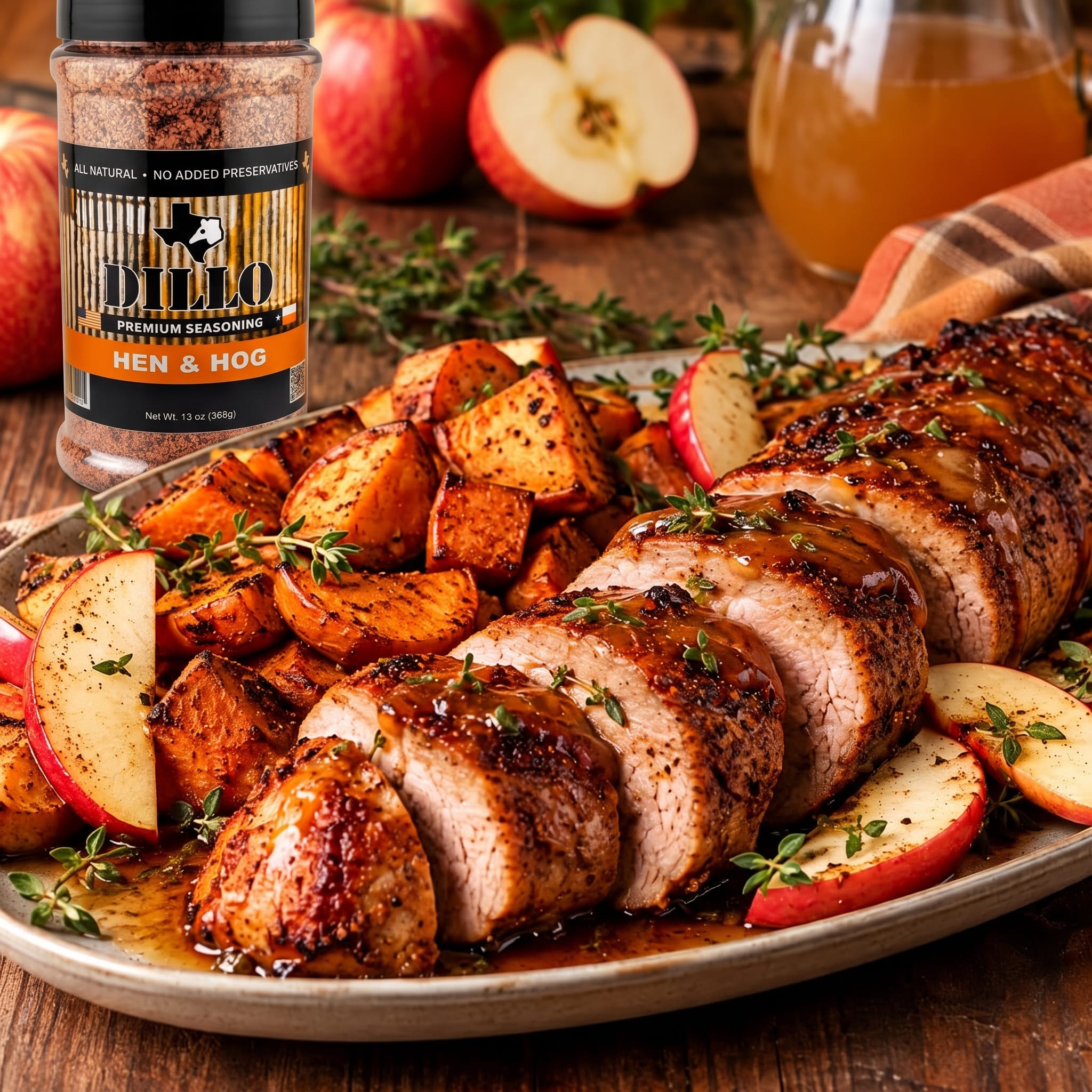 A bottle of Dillo Premium Seasoning Hen & Hog placed on a rustic wooden table next to a large platter of sliced, glazed roasted meat accompanied by roasted potatoes and apples. The dish is garnished with fresh thyme sprigs, and the background features fresh red apples and a glass pitcher of cider.